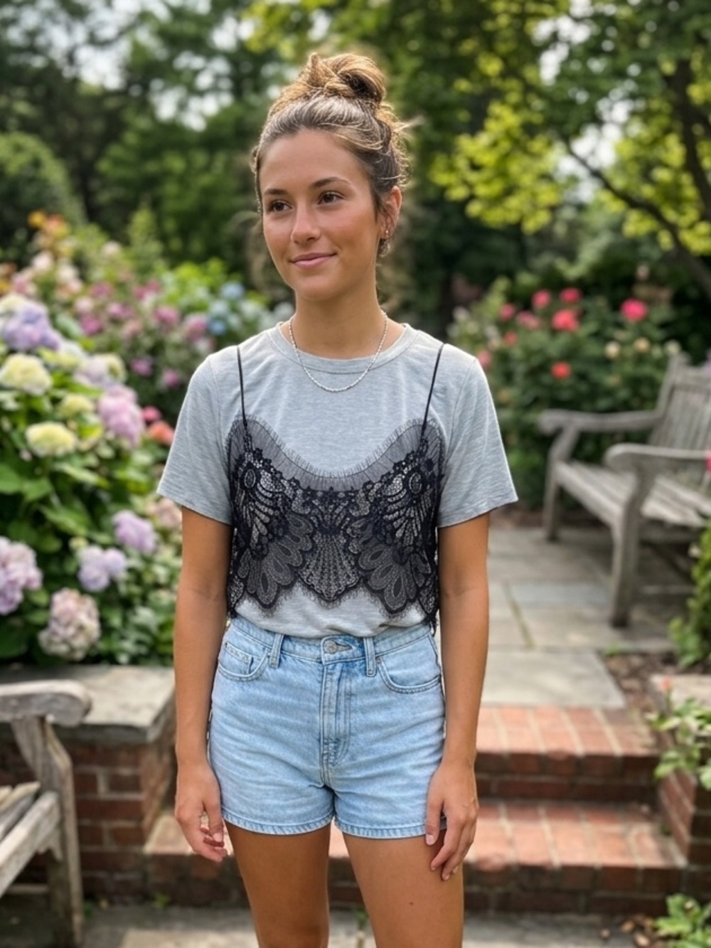 Layered Lace-Trim Tee - Gray
